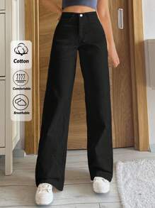 SHEIN Tall 100% 纯棉女式纯色直筒高腰牛仔裤 - 黑色 - 查看 1