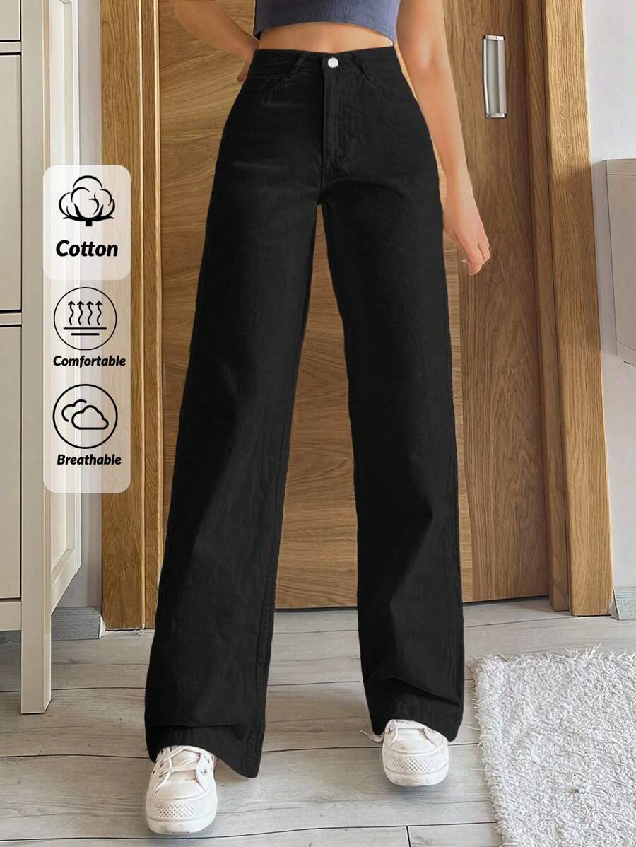 SHEIN Tall 100% 纯棉女式纯色直筒高腰牛仔裤 - 黑色 - 查看 1