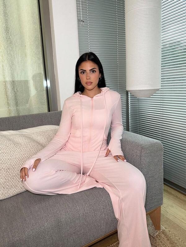 Lucia Bellido Set de 2 piezas con top con capucha y cordón y pantalones de color rosa, informal para el otoño