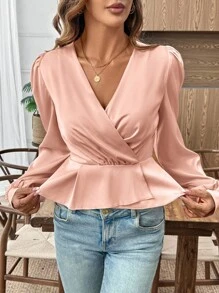 EMERY ROSE Champagne Color V-Neck Women's Casual Shirt Fall Cloth For Women - Champagne - View 3