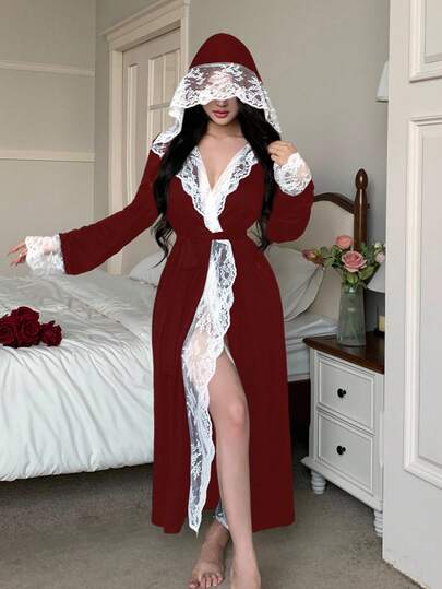 Women's Casual Elegant Lace Patchwork Hooded Bathrobe, Fall, Winter