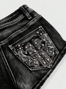 ROMWE Avant Quần short denim cạp thấp cạp cao siêu ngắn thêu họa tiết súng lục phong cách Punk Millennium Vintage dành cho nữ - Xám - Xem 3