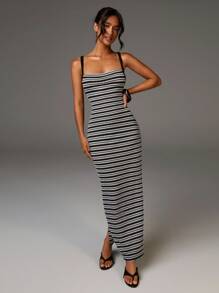 Athîral Casual Fashionable Sexy Spaghetti Strap Backless Long Dress For Women Bodycon Tight Long Dress Striped Maxi Dress Stretchy Dress Bodycon Maxi Dress - Multicolor - View 4