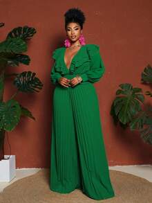 Maweii Geraffter Volant Taille Plissee Langarm Jumpsuit