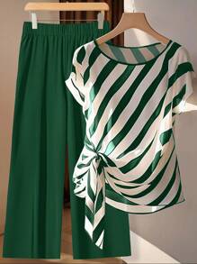 SHEIN Clasi Plus Size Casual Commuter Color Block Striped Tie Shirt And Solid Color Pants 2 Pieces Set - Dark Green - View 1