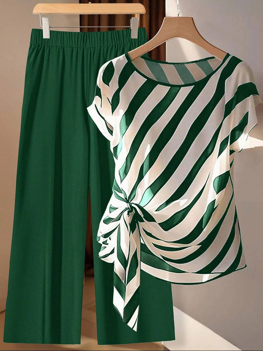 SHEIN Clasi Plus Size Casual Commuter Color Block Striped Tie Shirt And Solid Color Pants 2 Pieces Set - Dark Green - View 1