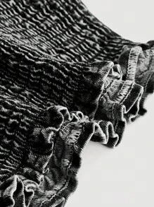 SHEIN MOD Plus Size Halter Neck Denim Shirt With Sweet Shirred Frill Trim, Blue - Black - View 4