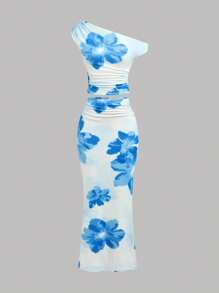 SHEIN Girlism Blue Knitted Sleeveless Co-Ord With Asymmetrical Neck For Vacation Style Blue Floral Dress Hawaii Outfits Island Girl Outfit Summer Outfits