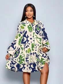 SOLERSUN Plus Size Navy Blue Autumn Elegant Vacation Holiday Printing Dress,Waist-Cinching Button-Front Loose Casual Asymmetrical Ruffled Hem A-Line Shirt - Green - View 5