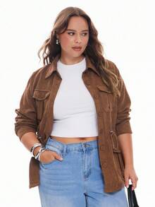 Solavibe Plus Flap Pocket Drawstring Waist Jacket,Barnfit,Barn,Fall Women Clothes