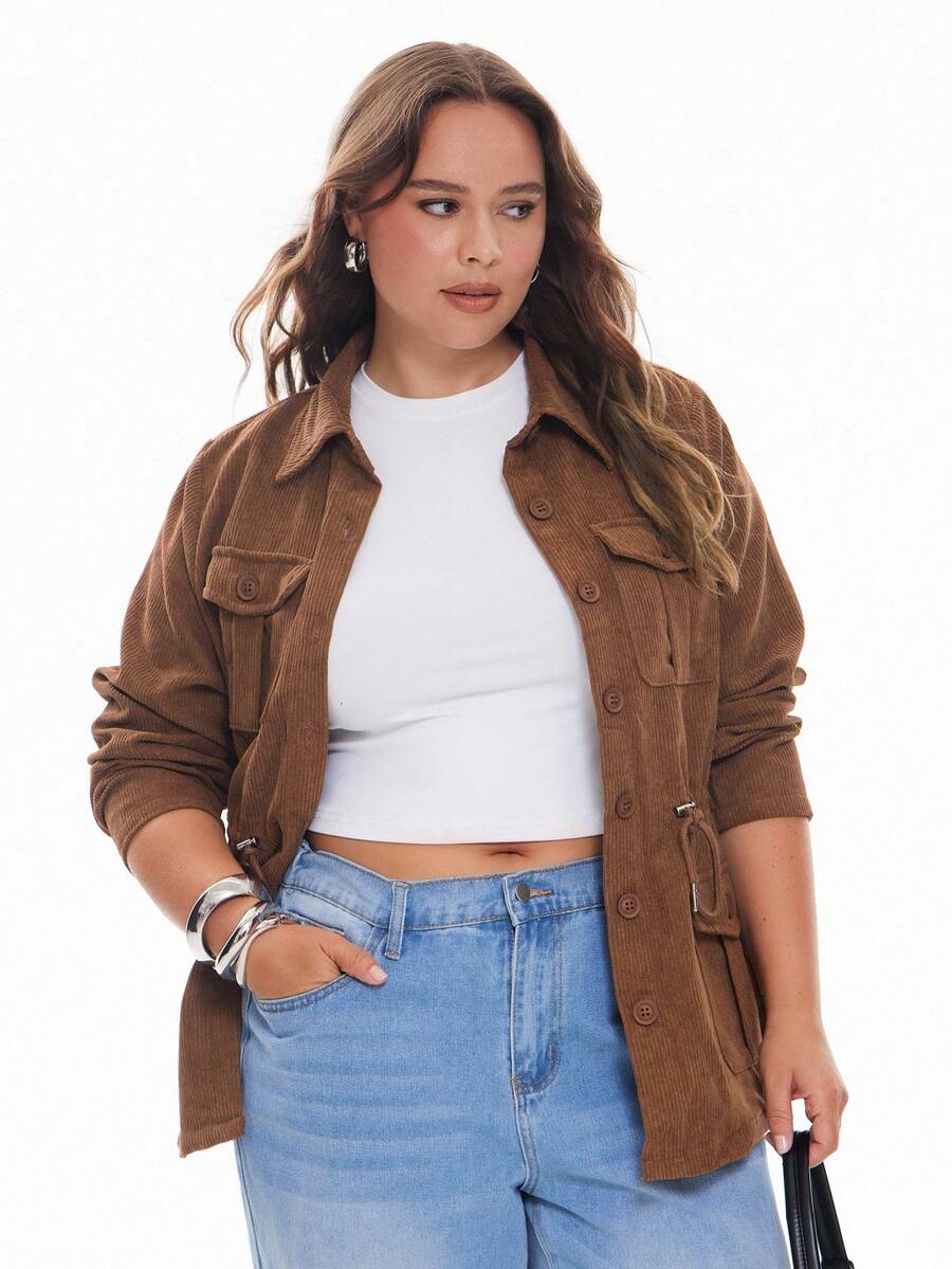 Solavibe Plus Flap Pocket Drawstring Waist Jacket,Barnfit,Barn,Fall Women Clothes