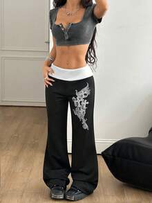 Coolane Women's Summer Festival Renaissance Fair Streetwear Vintage Y2K Grunge Graphics Stretchy Turn-Down Trousers Black Straight Leg Pants Wide Leg Sweatpants Goth Pants,Fall