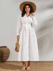 EURMUSE Women's Embroidered Floral Pattern Ruffle Hem Belted Long Dress Vacation, Casual, Chic, Swiss - White - View 3