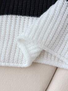 SHEIN 青少年女孩休闲圆领黑白钩针条纹毛衣上衣，适合秋冬季 - 黑與白 - 查看 6