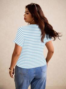 Elaquor Plus Size Fall Casual Commuter Front Button Split Hem T-Shirt,Fall Clothes For Women - Blue - View 2