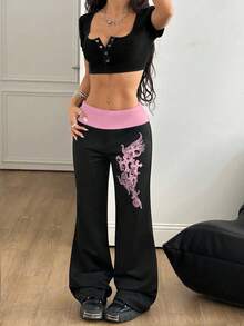 Coolane Pantaloni dritti neri con grafica vintage, stile Y2K e grunge, adatti per festival estivi, fiere rinascimentali e streetwear, con vita a costine - nero - Visualizzare 3