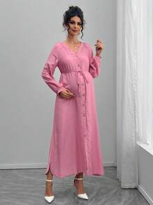 SHEIN Casual Comfortable V-Neck Front Button Long Sleeve Maternity Dress