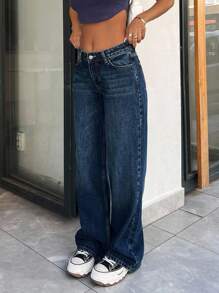 EURMUSE 100% Cotton Low Waist Wash Detailed Wide Leg Jean - Dark Wash - View 8