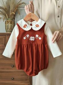 SHEIN Set di body e top a maniche lunghe da bambina con ricamo floreale sul colletto e corpetto, abbigliamento da bambino autunno/inverno con ricami floreali - Arancione - Visualizzare 3