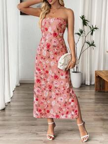 SHEIN Holidaya Elegant Floral Print Halter Slit Dress, Summer - Pink - View 6