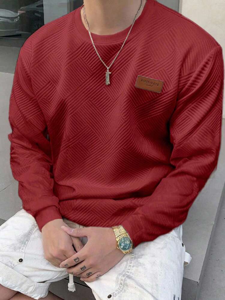 Autumn Textured Fabric Embroidered Wine Red Label Design Men's Long Sleeve T-Shirt , Fall