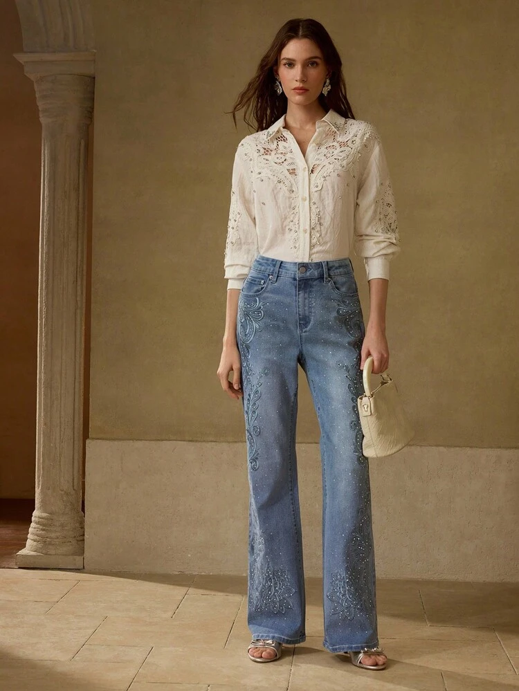 EMBROIDERY RHINESTONE FLARE LEG JEANS