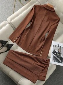 Bộ vest tay dài vải họa tiết đơn hàng khuy + nút trang trí cho nữ - Cà phê nâu - Xem 2
