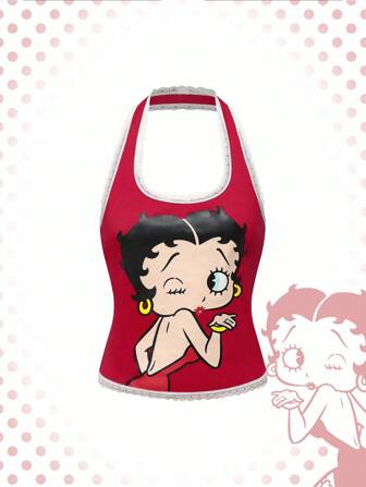 Betty Boop | ROMWE Top moulant à encolure bateaux avec garniture en dentelle contrastante et motif graphique de personnage de dessin animé pour femmes