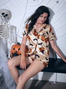 SHEIN بيجامة قصيرة الأكمام مطبوعة بالخفافيش والقرع الصناعي للنساء - لون مشمشي - مشاهدة 5