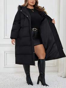 SHEIN CURVE+ 冬季大码女式连帽毛领加厚夹克 - 黑色 - 查看 2