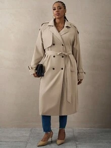 SHEIN Tall CURVE Plus Size Thermal Lined Women Trench Coat, Lightweight For Autumn Winter Long Trench Coat Plus Size Trench Coat Curve Trench Coat Trench Coat Women Tall Women Trench Coat