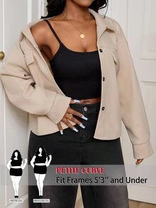 SHEIN PETITE CURVE 大码翻盖口袋落肩纽扣前开襟大衣 女式短款西装外套 女式西装外套 女装 小码曲线小码服装 - 杏色 - 查看 1