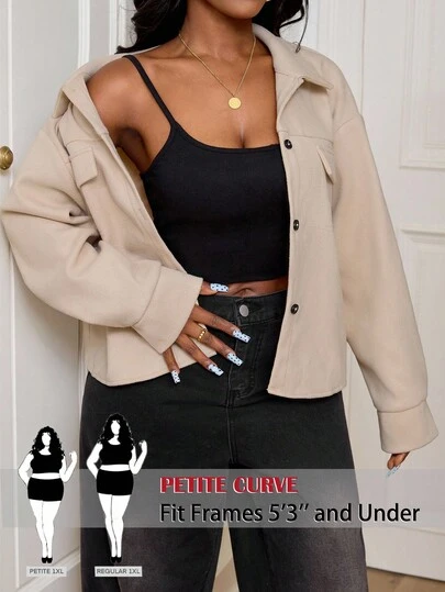 SHEIN PETITE CURVE 大码翻盖口袋落肩纽扣前开襟大衣 女式短款西装外套 女式西装外套 女装 小码曲线小码服装