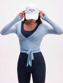 Eassivo Eassivo Women's Casual Lightweight Textured Tie-Front Long Sleeve Sports T-Shirt, Versatile For All Seasons Wrap Top Yoga Top Blue Activewear Top Light Blue Wrap Top Workout Top - Baby Blue - View 4