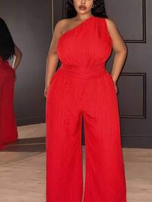Slaydiva 2025 New One Shoulder Sleeveless Ruched Cinched Waist Zipper Side Overalls Tied Detail Elastic Waist Wide Leg Jumpsuit, Suitable For Dates, Banquets, Commuting, Sexy, Parties - Red - View 6