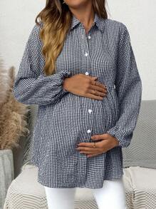 SHEIN Maternity Plaid Lantern Sleeve Single-Breasted Casual Shirt