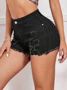 SHEIN Unity Plain Denim Shorts, Fashionable For Summer - Black - View 3