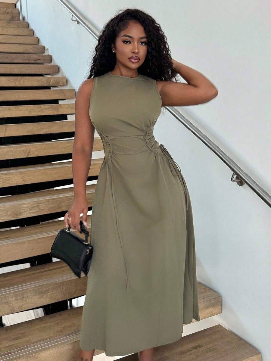 Alexandranx Black Date Night Lateral Cross Frenulum Solid Ruched Detail Long Dress,Summer Dresses For Women - Army Green - View 1