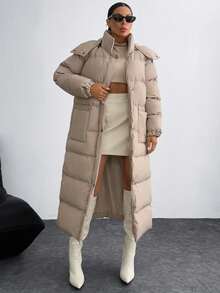 Women's Sand Zipper Side Slit Hooded Patched Pocket Detailed Good Quality Casual Winter Coat