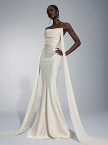 Elitara Elegant Romantic Chiffon Matte Ribbon Decorated Cold-Shoulder Strapless Fitted Mermaid Bridesmaid Dress - Apricot - View 4