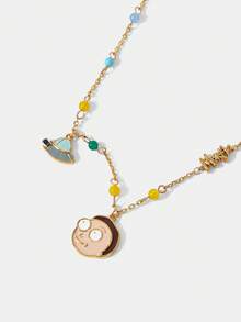 Rick and Morty X SHEIN Fashionable Cartoon Graphic & Planet Pendant Chain Necklace - Gold - View 2
