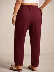 Elaquor Plus Size Women's Casual Solid Color Loose Drawstring Pants - Burgundy - View 2