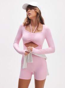 Eassivo Eassivo 女式纯色褶皱长袖镂空设计连体衣