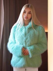 Sweetina Women's Teal Casual Warm Hooded Long Sleeve Faux Fur Coats For Autumn/Winter Winter Coat Fur Coat Teddy Coat - Green - View 7