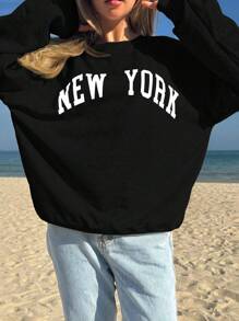 SHEIN Leap Crew Sudadera holgada de cuello redondo de manga larga con estampado gráfico "NEW YORK" de estilo minimalista clásico para adolescentes, adecuada para otoño/invierno - Negro - Ver 2
