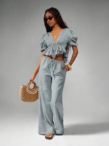 MISSGUIDED Puff Sleeve Embroidered Linen Feel Two Piece Coord Set Summer Cottagecore Style Spring Ruffle Trim Wide Leg High Waist Pants Beach Vacation Boho Resort Wear Collection - Blue - View 6
