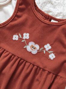 SHEIN Set di body e top a maniche lunghe da bambina con ricamo floreale sul colletto e corpetto, abbigliamento da bambino autunno/inverno con ricami floreali - Arancione - Visualizzare 5