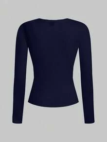 SHEIN EZwear 2 件女式黑色和海军蓝圆领休闲修身长袖 T 恤套装，适合秋冬季 - 彩色 - 查看 4