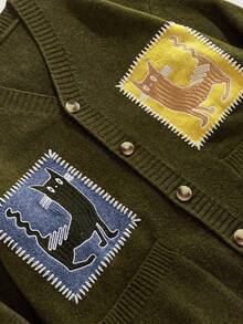 ROMWE MEN Casual 男士前开刺绣猫毛衣，复古日式风格，秋冬，垃圾摇滚风格 - 綠色 - 查看 3