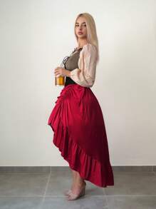 Sweetina Women's Oktoberfest Suede Eyelet Lace-Up Long Sleeve Shirt Layered With Ruched A-Line Asymmetrical Hem Flounce Hem Dress - Red and Black - View 7